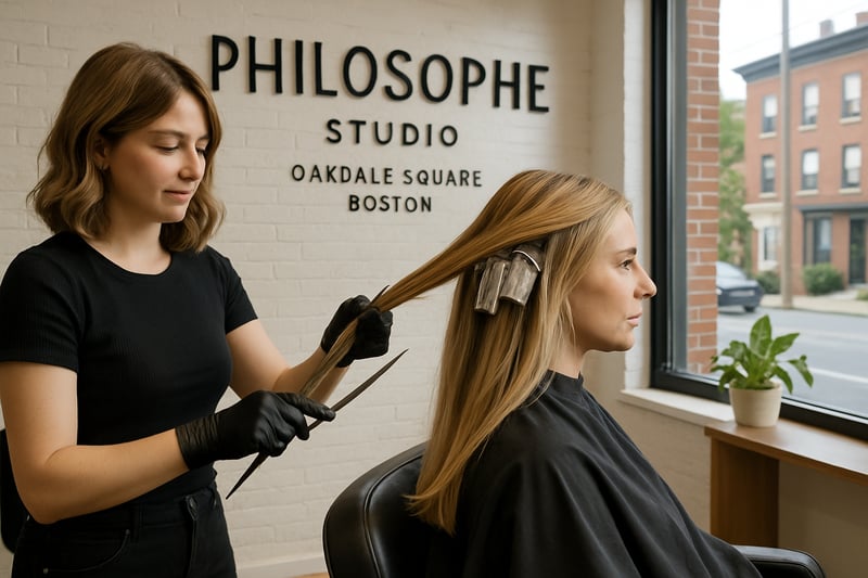 Dimensional blonding and precision hair cutting at Philosophe Studio in Oakdale Square, Boston