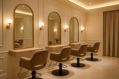 Luxury hair studio interior with elegant styling chairs and soft lighting