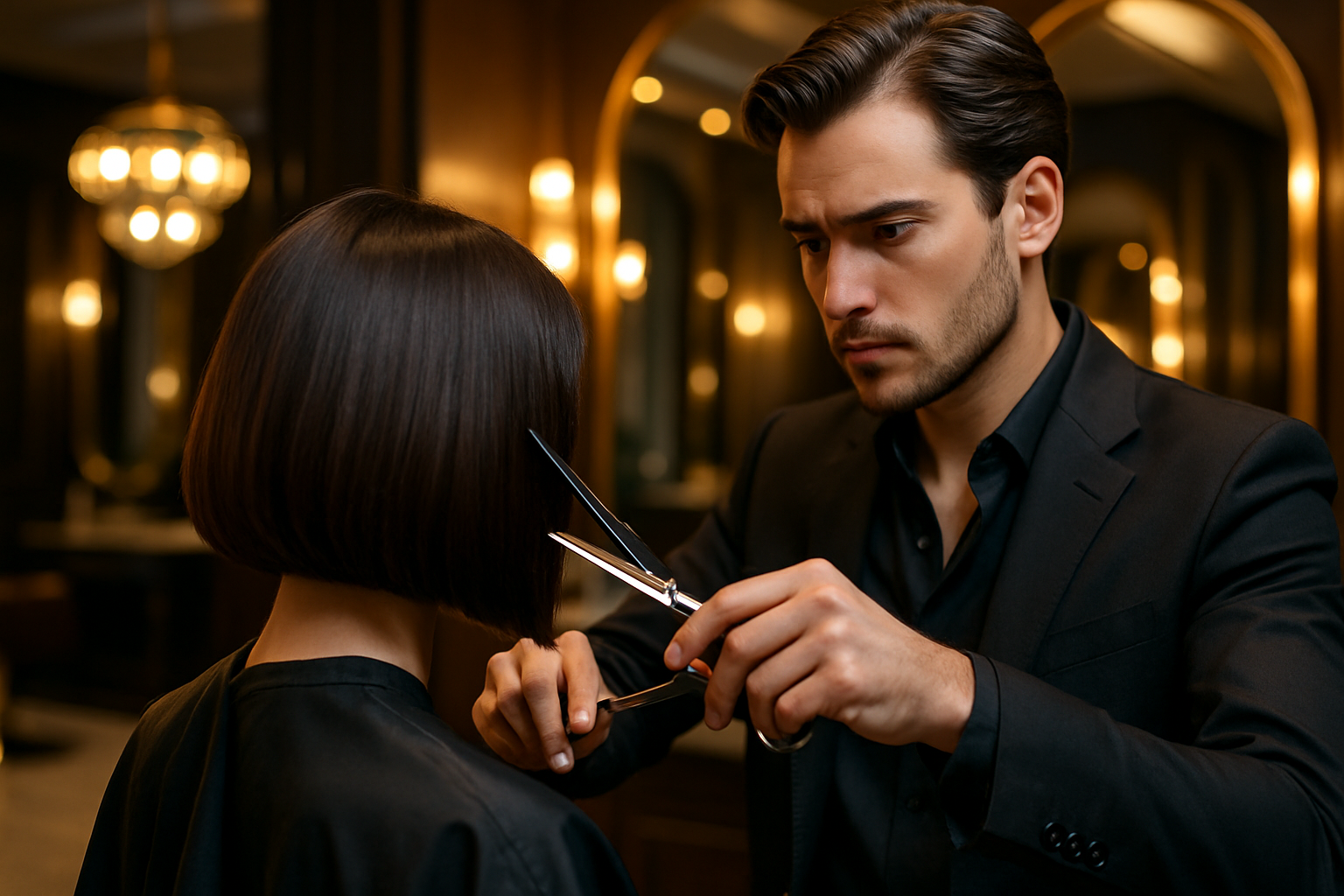 Precision hair cutting in a luxurious studio setting